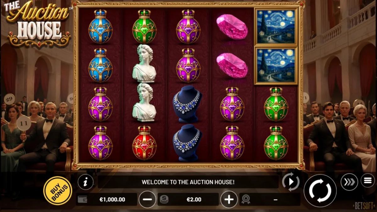 Tampilan visual mewah dari slot The Auction House dengan simbol-simbol berharga