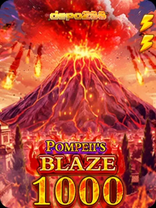 Tampilan visual slot Pompeii’s Blaze 1000 dengan latar belakang Gunung Vesuvius yang membara