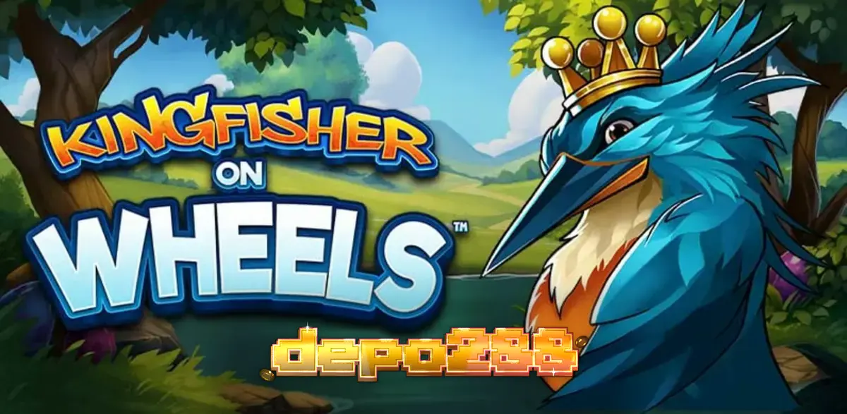 Tampilan visual slot Kingfisher on Wheels dengan latar belakang sungai dan roda keberuntungan